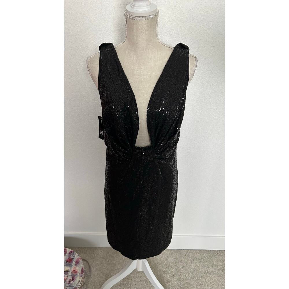 INC International Concepts Black Sequins Be Mystical Plunging Neckline Dress - S